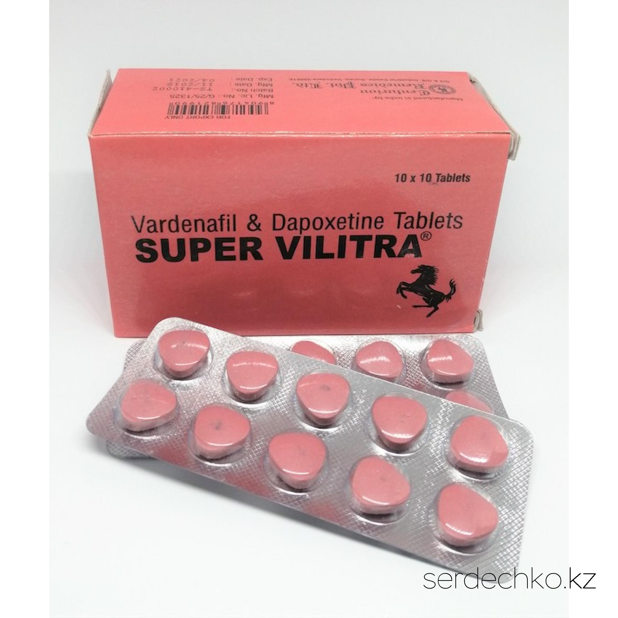 SUPER VILITRA, 
	Описание Super Vilitra

	Таблетки Super Vilitra помогают справиться с преждевременной эякуляцией и эректильной дисфункцией. В составе лекарства два действующих вещества – дапоксетин и варденафил. После приема таблеток мужчина становится выносливым в постели, секс длится дольше, при этом удовольствие получают оба партнера.

	Фармакологические свойства

	Супер Вилитра относится к группе препаратов, используемых для лечения сексуальных расстройств. В его состав входит два действующих вещества, поэтому фармакологическое действие базируется на двух механизмах. Варденафил – ингибитор ФДЭ-5, работающий за счет увеличения уровня оксида азота в организме, что способствует расслаблению гладких мышц кавернозного тела полового члена и наполнению его кровью. Именно этот эффект и необходим для возникновения стойкой эрекции при сексуальном возбуждении. Дапоксетин – селективный ингибитор обратного захвата серотонина, работающий за счет торможения захвата этого нейромедиатора нейронами и последующим усилением его действия на рецепторы.

	Форма выпуска и состав

	Super Vilitra 80 mg выпускается в форме таблеток бледно-розового цвета с закругленными краями для приема внутрь. В упаковке 10 штук. В состав каждой таблетки входит 20 мг варденафила и 60 мг дапоксетина.

	Преимущества препарата Супер Вилитра

	Средство для улучшения потенции и выносливости в постели Super Vilitra купить стоит сразу по нескольким причинам:

	
		таблетки действуют с первой дозы, поэтому не нужно проходить длительный курс лечения;
	
		кратность приема составляет всего 1 таблетка в сутки, а действовать она продолжает до 12 часов;
	
		цена дженерика Супер Вилитра доступная, поэтому решения проблемы с эрекцией и преждевременным семяизвержением будет экономным.


	Показания к применению таблеток

	Чтобы получить желаемый эффект от применения лекарственного средства, важно использовать его строго по показаниям. Таблетки предназначены для лечения проблем с потенцией и преждевременной эякуляцией. Могут использоваться мужчинами от 18 до 65 лет, страдающими от подобных расстройств.

	Инструкция по использованию

	Обеспечить безопасность и желаемый результат при приеме средства способно строгое соблюдение рекомендаций врача или информации, которая указывается на Супер Вилитра инструкции.

	Применяя препарат для улучшения потенции и увеличения длительности полового акта, необходимо учесть несколько правил:

	
		использовать лекарство за 40-60 минут до полового акта, чтобы действующие вещества в организме начали работать;
	
		начинать с минимальной дозировки, увеличивая ее постепенно при недостаточном эффекте;
	
		не превышать кратность приема – 1 раз в сутки;
	
		запивать средство водой или другими напитками, не используя вместе с Супер Вилитра алкоголь.


	Способ применения и дозировка Super Vilitra

	 

	Super Vilitra предназначена для приема внутрь. Один раз в сутки можно применять ½-1 таблетки, в зависимости от особенностей организма. Максимальная суточная доза средства составляет 80 мг.

