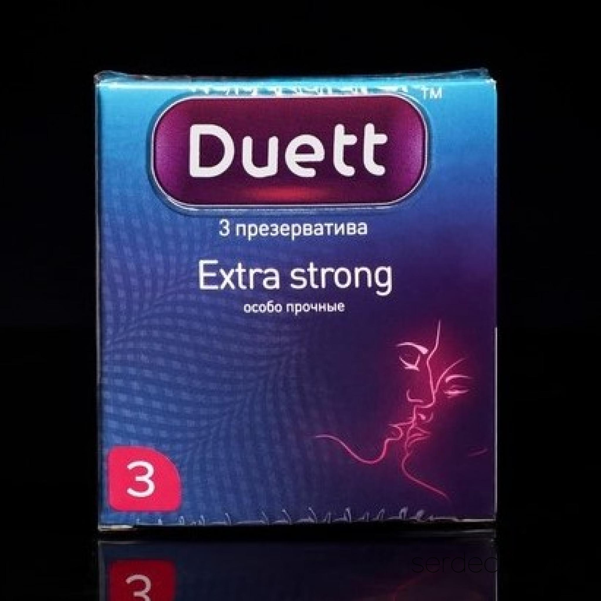 Презервативы DUETT Extra Strong 3 шт, 
	Особо прочные и надежные презервативы. Благодаря более плотной структуре презерватива позволяют сохранить комфорт обоих партнеров с дополнительной защитой во время интимной близости. Особо прочные презервативы из натурального латекса телесного цвета, с гладкой поверхностью, покрыты силиконовой смазкой с нейтральным ароматом.

	Презервативы DUETT-качественные презервативы из натурального латекса. каждый презерватив проходит 100% электронную проверку.

	Марка презервативов максимальной степени защиты, современный дизайн, абсолютная гарантия комфорта и максимальное удовольствие от интимных отношений.
