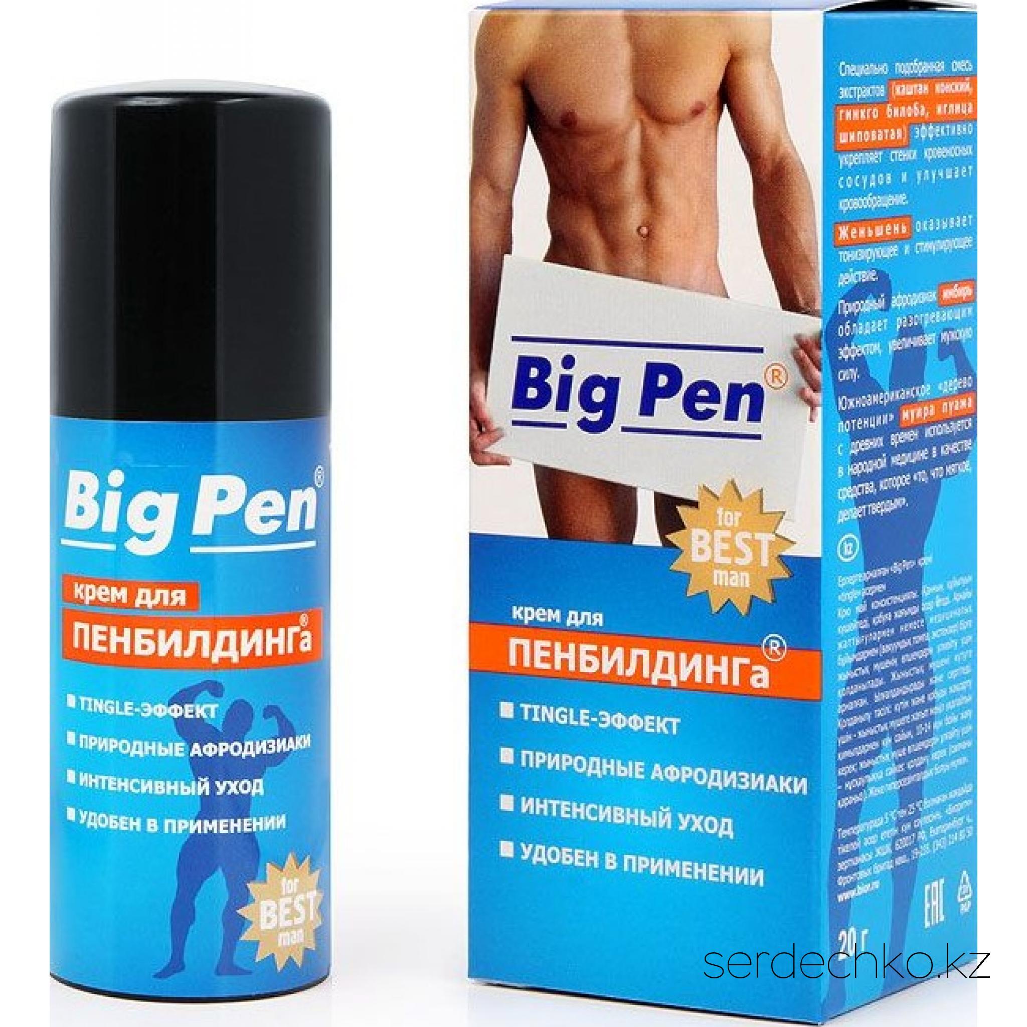 Big Pen - крем для увеличения пениса 20 г, 
	Крем "Big Pen" применяется в методике пенбилдинга- постепенного механического растяжения тканей пениса мужчины ьдо желаемого размера. Именно для максимального комфорта этой процедуры и был разработан крем "Big Pen" с особой структурой, которая сочетает длительное скольжение масла и приятную упругость крема. Воздействие активных компонентов, входящих в состав крема поможет Вам достичь желаемого результата максимально быстро и в домашних условиях.

	- Специально подобранная смесь экстрактов(каштан конский, гинго билоба, иглица шиповатая) эффективно укрепляет стенки кровеносных сосудов и улучшает кровообращение делает соединительные ткани эластичными и легко растяжимыми.
	- Женьшень оказывает тонизируещее и стимулирующее действие.
	- Имбирь - природный афродизиак, вызывает и усиливает половое влечение.
	- Муира пуама используется для улучшения эрекции.

	Подходит для применения совместно с вакуумными помпами, экстензорами, или при выполнении специальных упражнений.

	Важно: увеличение пениса, как в длину, так и в диаметре, требует определенного времени и терпения. 

	Ежедневно массирующими движениями наносите крем на ствол и головку полового члена до полного впитывания. После чего приступайте к специальным упражнениям по увеличению пениса (пенбилдингу). Длительность занятий пенбилдингом в среднем составляет 15-20 минут в день. 

	Подробное описание упражнений вы найдёте в инструкции, прилагаемой к крему Big Pen (см. в коробке).

	Возможна индивидуальная гиперчувствительность.
