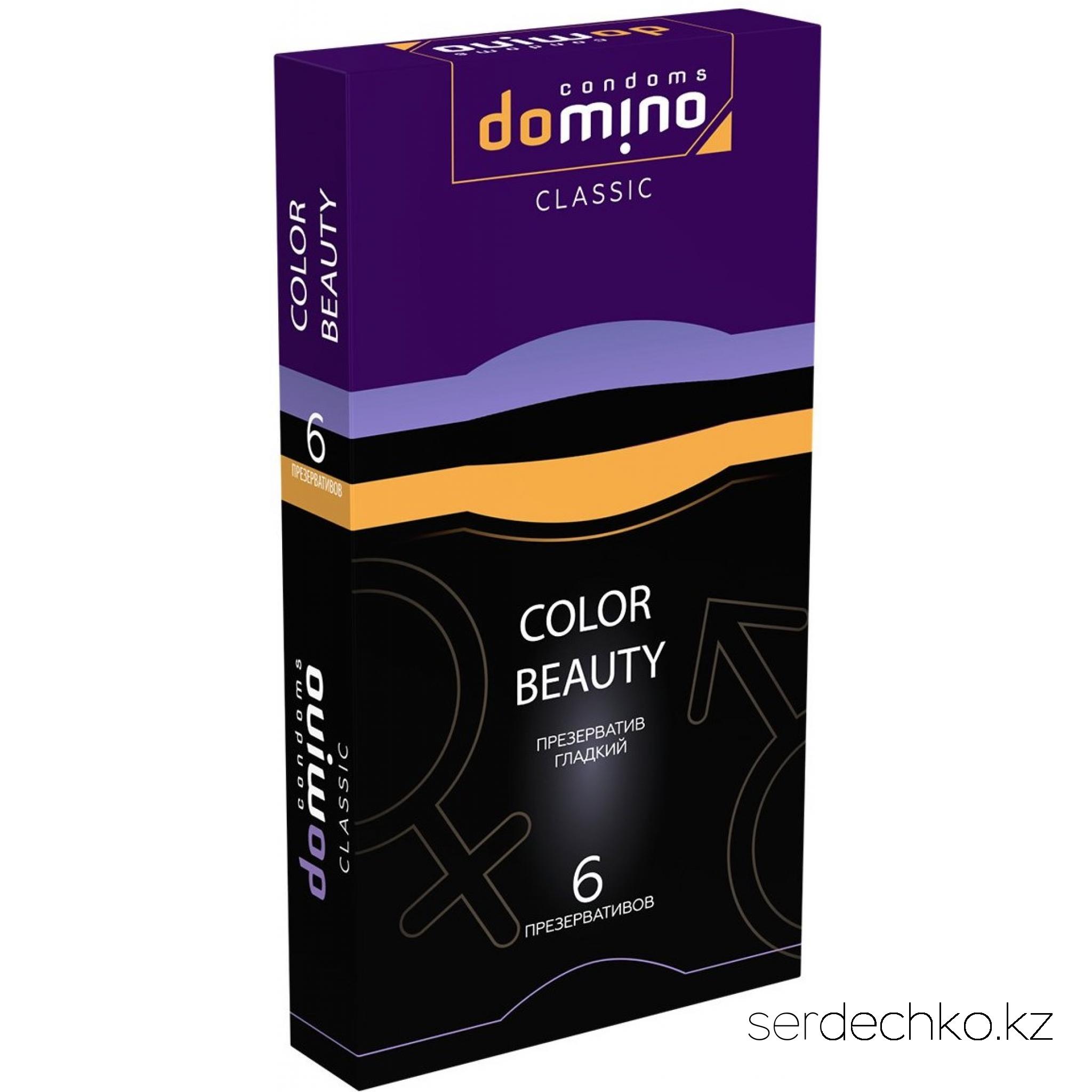 ПРЕЗЕРВАТИВЫ DOMINO CLASSIC COLOUR BEAUTY 6 штук, 
	Гладкие разноцветные презервативы из высококачественного латекса, чтобы вы совершали подвиги целую ночь! В каждой фирменной упаковке содержится 6 презервативов (фиолетовый х2, черный х2 и золотой х2) из латекса в смазке.
	Длина, мм    +/-180
	Толщина стенок, мм.    0,06
	Ширина, мм    +/-52
