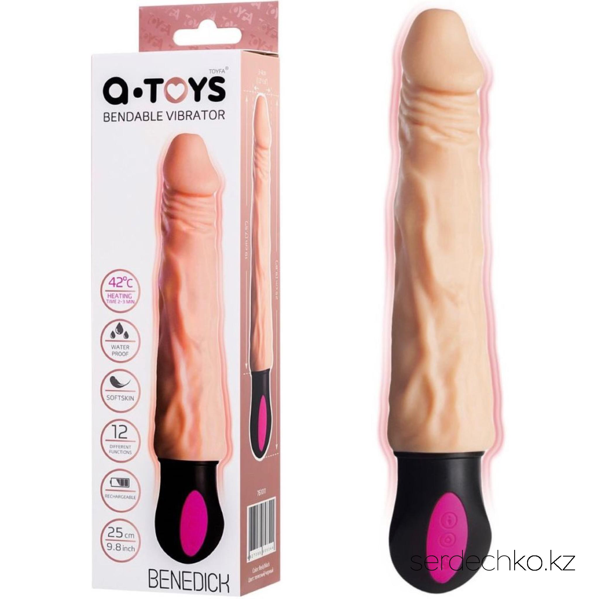 Реалистичный вибратор с подогревом A-Toys by TOYFA Benedick, TPE, телесный, 25 см, 
	A-Toys Benedick — гибкий вибратор, который способен нагреваться во время использования с помощью прочного нагревательного нагревательного элемента, расположенного в головке игрушки. Вибратор выполнен из высококачественного, легкого в эксплуатации, нетоксичного, гипоаллергенного, непористого материала TPE, внешне и на ощупь схожего с текстурой кожи человека. Вы достигните наслаждения, которого никогда в жизни не испытывали, ведь 12 режимов вибрации будут сопровождаться нежным теплом до 42 градусов. Вибратор можно непрерывно использовать в течение 2 часов. Несомненно, вибратор A-Toys Hot может удовлетворить запросы даже самых искушенных любителей секс-игрушек. Рабочая длина 19 см.
