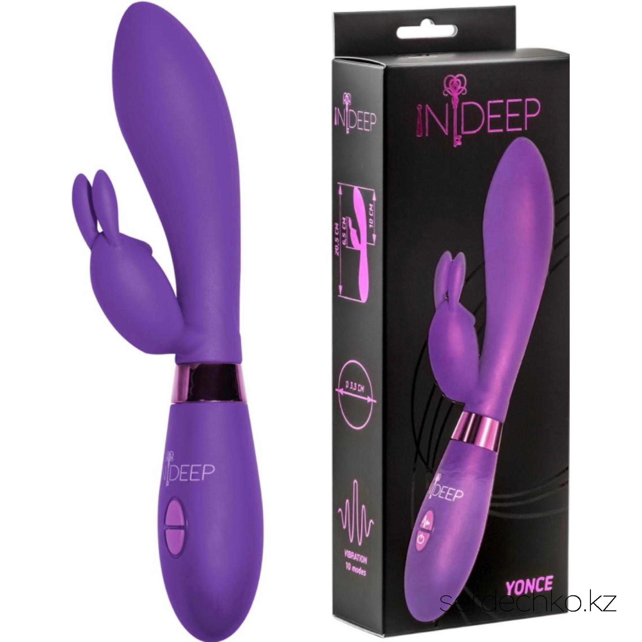 Вибратор Indeep Yonce Purple, 
	Вибромассажер Yonce, изготовленный из безопасного медицинского силикона, имеет 10 режимов вибрации и два моторчика, расположенные в основной рабочей части и в клиторальном отростке массажера. Моторчики способны одновременно воздействовать на самые эрогенные зоны, вызывая приятные ощущения. Вы можете использовать Yonce как самостоятельно, так и в паре с партнером во время прелюдии для разнообразия интимной жизни. Характеристики: общая длина- 20,5 см, рабочая длина- 10 см, максимальный диаметр- 3,3 см, длина отростка- 6,5 см, максимальный диаметр отростка- 2,2 см. Работает от 2ААА батареек (не входят в комплект).

