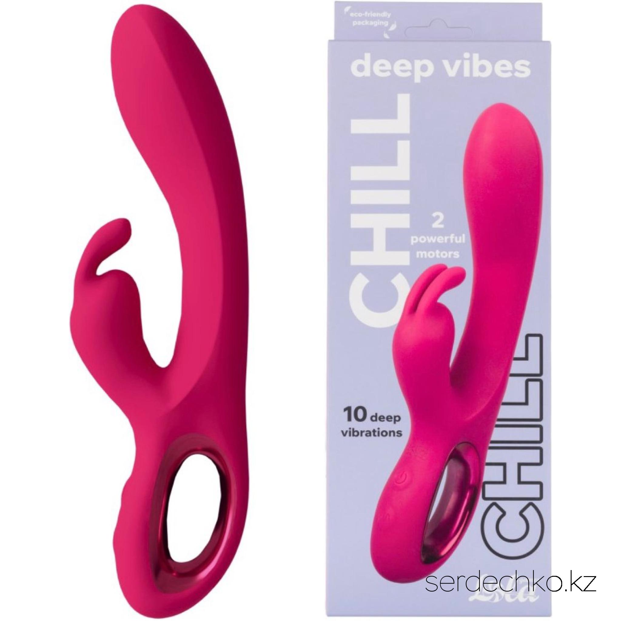 Перезаряжаемый вибратор-кролик Deep Vibes Chill , 
	Вагинально-клиторный вибратор с двумя мощными моторами создан для одновременной стимуляции, даря яркие ощущения и глубокое наслаждение. 10 режимов вибрации позволяют выбрать идеальную интенсивность, а гибкий дизайн адаптируется к изгибам тела, обеспечивая точное воздействие. Благодаря водонепроницаемости IPX6 устройство идеально для использования в душе. Изготовлен из силикона с бархатистой поверхностью, приятной на ощупь. Гипоаллергенный, непористый материал легко очищается, гарантируя безопасное и гигиеничное использование. Двойная стимуляция, мощные вибрации, удобная магнитная зарядка и эргономичный дизайн делают этот вибратор идеальным выбором для удовольствия. Полное время работы – 50 минут, зарядка занимает 110 минут.
