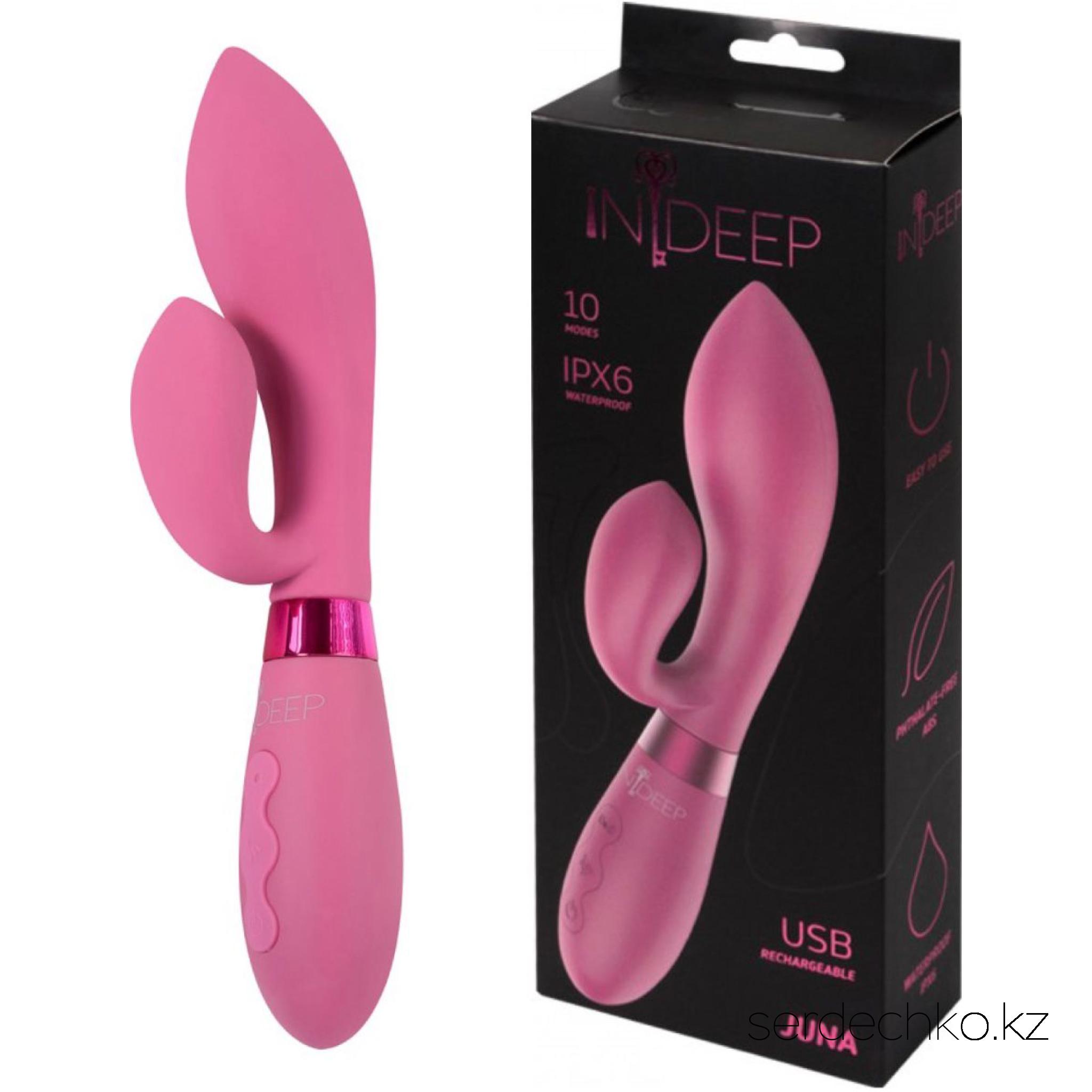 Перезаряжаемый вибратор Indeep Juna Magenta, 
	Вибромассажер Juna изготовлен из безопасного медицинского силикона, имеет 10 режимов вибрации и два моторчика, один из которых расположен в рабочей части изогнутого кончика и обеспечивает эффективную и удобную стимуляцию точки G, а второй - в клиторальном отростке массажера. Моторчики способны одновременно воздействовать на самые эрогенные зоны, вызывая приятные ощущения. Подходит как для соло-стимуляции, так и для разнообразия интимной жизни вместе с партнером во время прелюдии.Характеристики: материал- силикон, общая длина- 21,5 см, рабочая длина - 9,5 см, максимальный диаметр- 3,5 см, длина отростка - 6 см, максимальный диаметр отростка - 2,7 см. Водонепроницаемый (IPX6). Удобное и легкое управление, USB-перезаряжаемый. Материал: силикон. Упаковка: картонная коробка с принтом.
