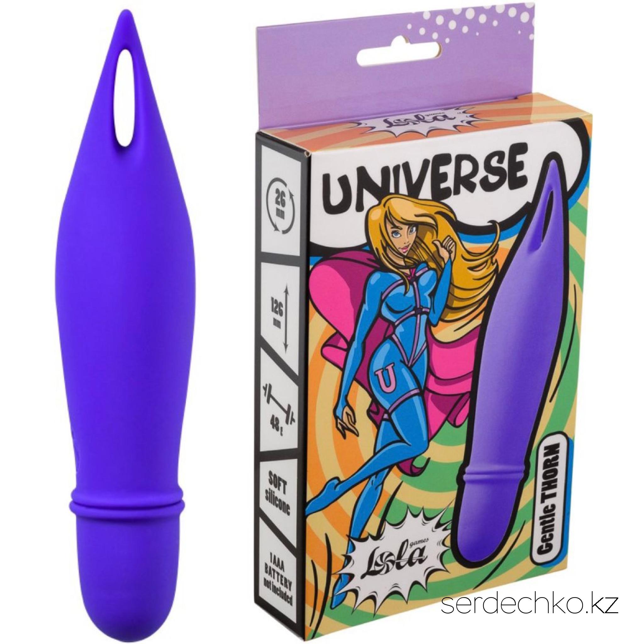 Мини-вибратор Universe Gentle Thorn purple , 
	Мини вибратор из коллекции Universe от бренда Lola Games. Уникальная форма вибратора предлагает расположить вибрирующее ушко поверх клитора или любой другой эрогенной зоны и наслаждаться проникновенной стимуляцией. Благодаря компактному размеру игрушки удовольствие становится ещё доступнее, ведь вибратор легко хранить всегда под рукой. Изготовлен из бархатистого силикона. Имеет 10 режимов вибрации и удобное управление с помощью одной кнопки. Работает от одной батарейки ААА.
