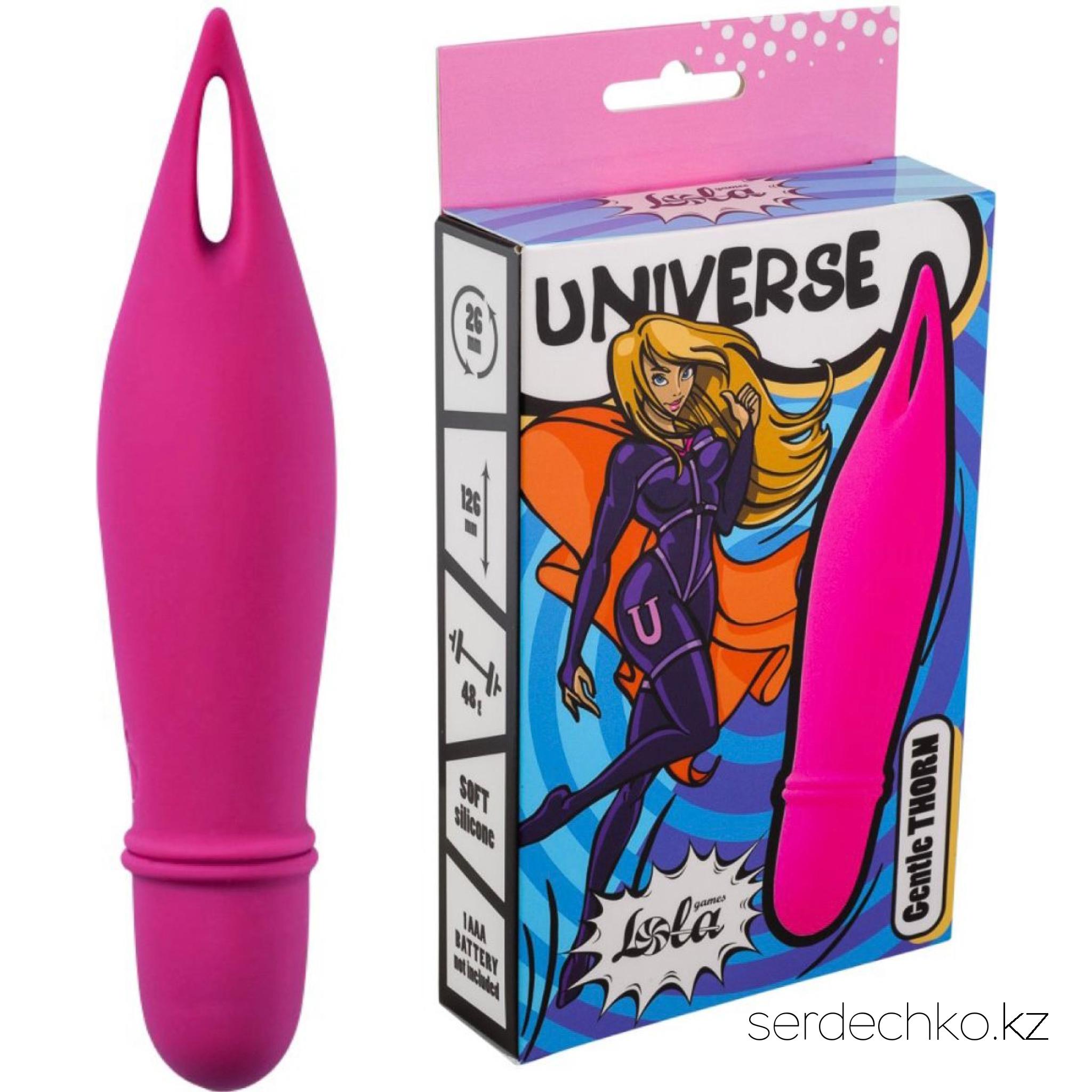 Мини-вибратор Universe Gentle Thorn pink, 
	Мини вибратор из коллекции Universe от бренда Lola Games. Уникальная форма вибратора предлагает расположить вибрирующее ушко поверх клитора или любой другой эрогенной зоны и наслаждаться проникновенной стимуляцией. Благодаря компактному размеру игрушки удовольствие становится ещё доступнее, ведь вибратор легко хранить всегда под рукой. Изготовлен из бархатистого силикона. Имеет 10 режимов вибрации и удобное управление с помощью одной кнопки. Работает от одной батарейки ААА.
