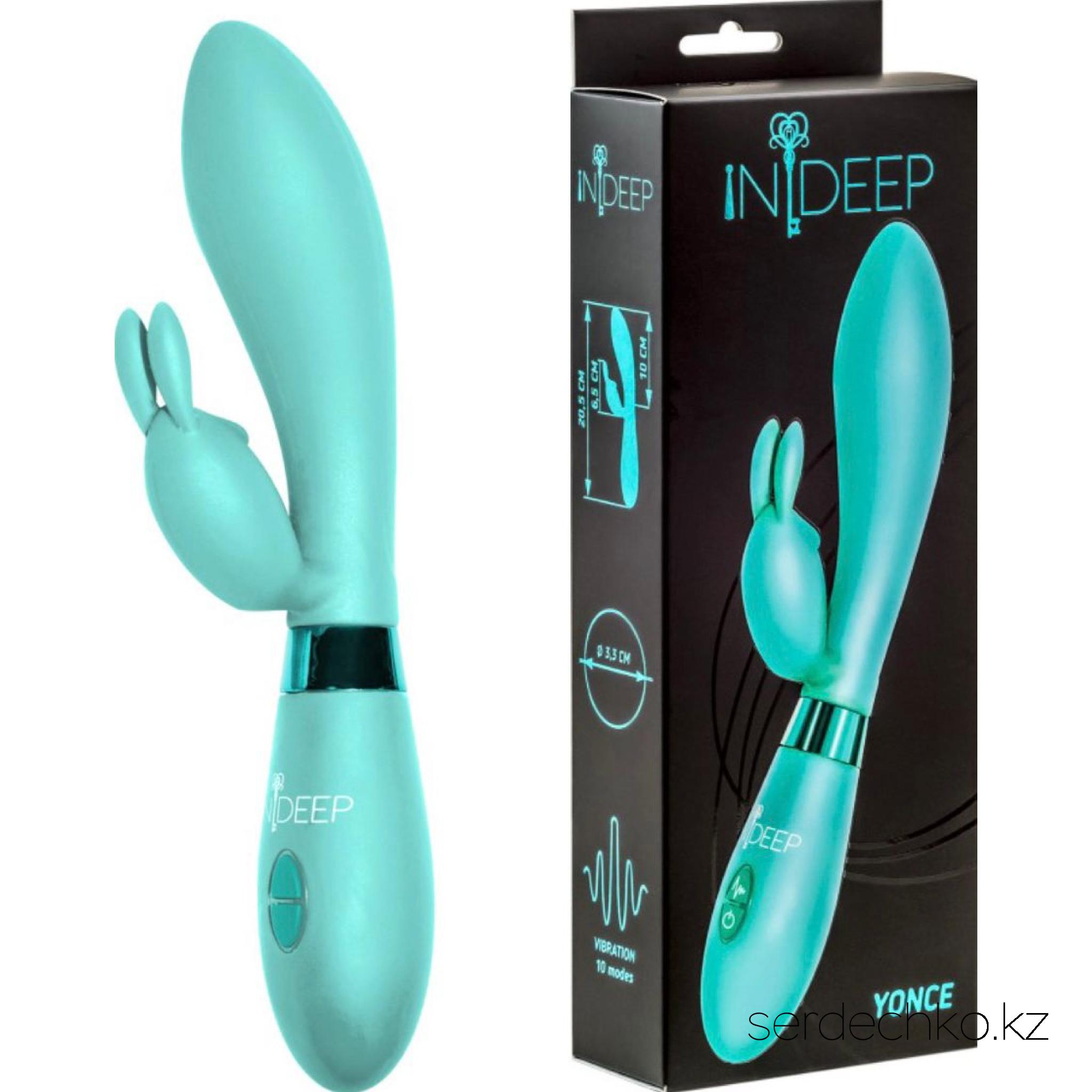 Вибратор Indeep Yonce Turquoise, 
	Вибромассажер Yonce, изготовленный из безопасного медицинского силикона, имеет 10 режимов вибрации и два моторчика, расположенные в основной рабочей части и в клиторальном отростке массажера. Моторчики способны одновременно воздействовать на самые эрогенные зоны, вызывая приятные ощущения. Вы можете использовать Yonce как самостоятельно, так и в паре с партнером во время прелюдии для разнообразия интимной жизни. Характеристики: общая длина- 20,5 см, рабочая длина- 10 см, максимальный диаметр- 3,3 см, длина отростка- 6,5 см, максимальный диаметр отростка- 2,2 см. Работает от 2ААА батареек (не входят в комплект).
